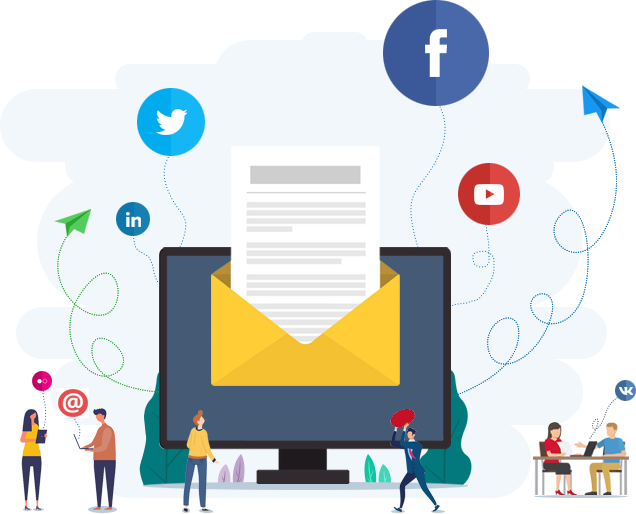 Illustration of people, laptop, email and social networking icons